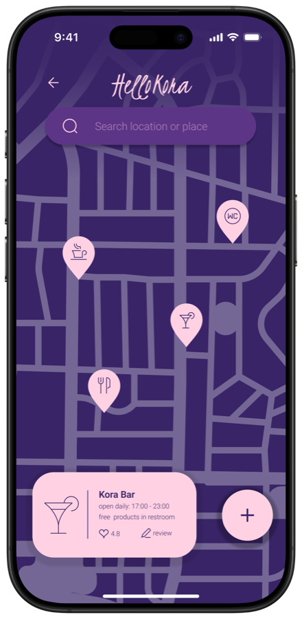 HelloKora app map screen displayed inside an iPhone frame